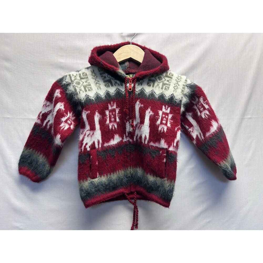 Boys Girls Tejidos Ruminahui Alpaca Wool Hooded Zip up Jacket Kids 2 Llama Red